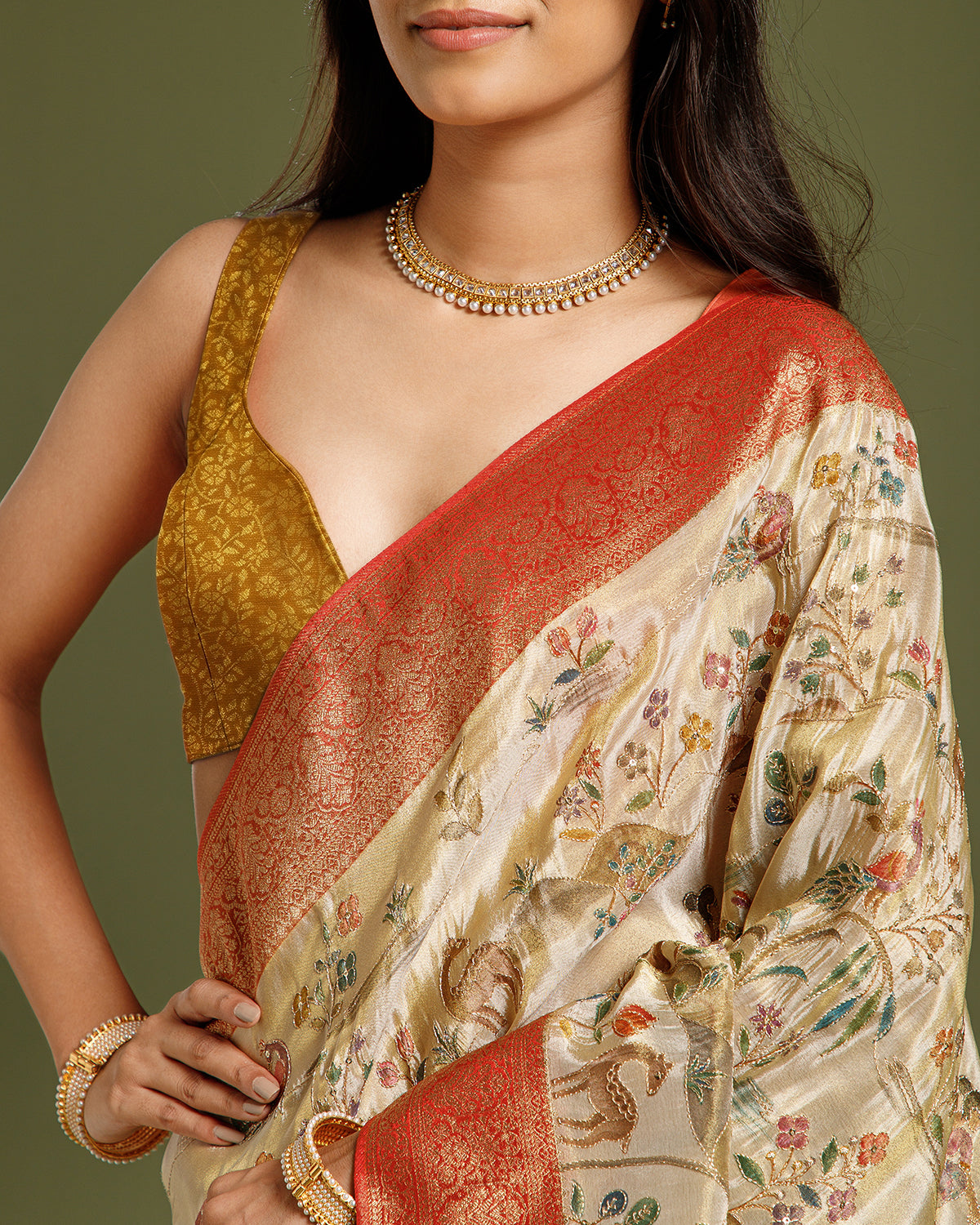 Beige Gold Tissue Silk Saree with Zari, Sequin & Zari Weaving
