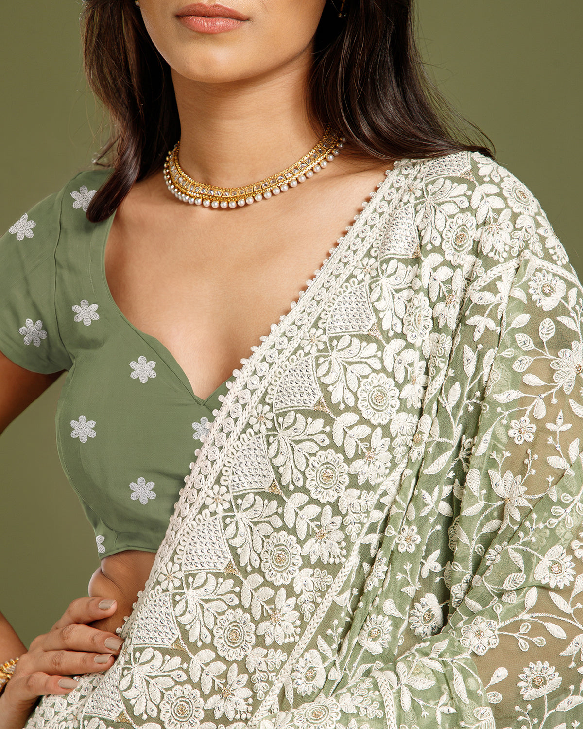Pista Green Georgette Saree with Resham, Zari & Sequin Work