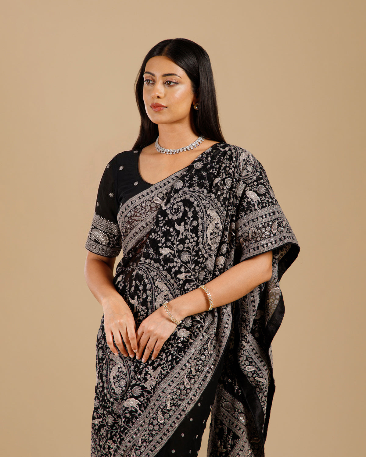 Black Georgette Kashmiri Saree with Traditional Embroidery Work