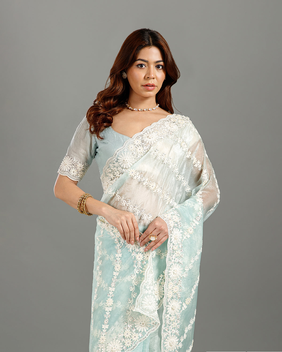 Pista Net Saree with Resham, Sequence & Bead Work - House of Surya