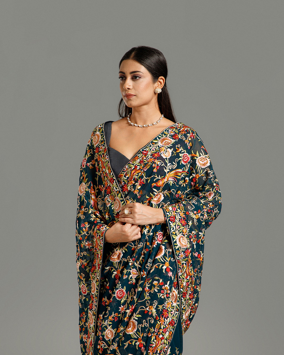 Peacock Georgette Saree with Parsi Resham Work