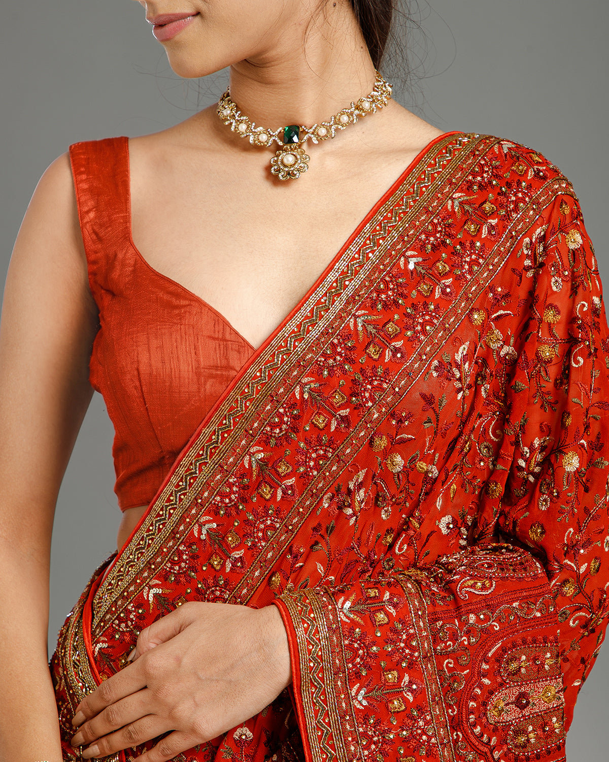 
Rust Georgette Saree with Resham, Nulki & Stone Work
