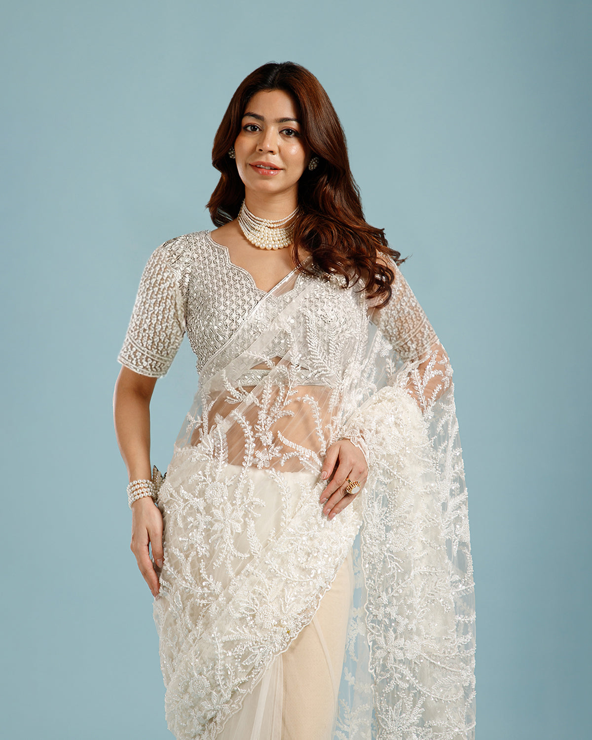 White Net Saree with Sequence & Cutdana Work