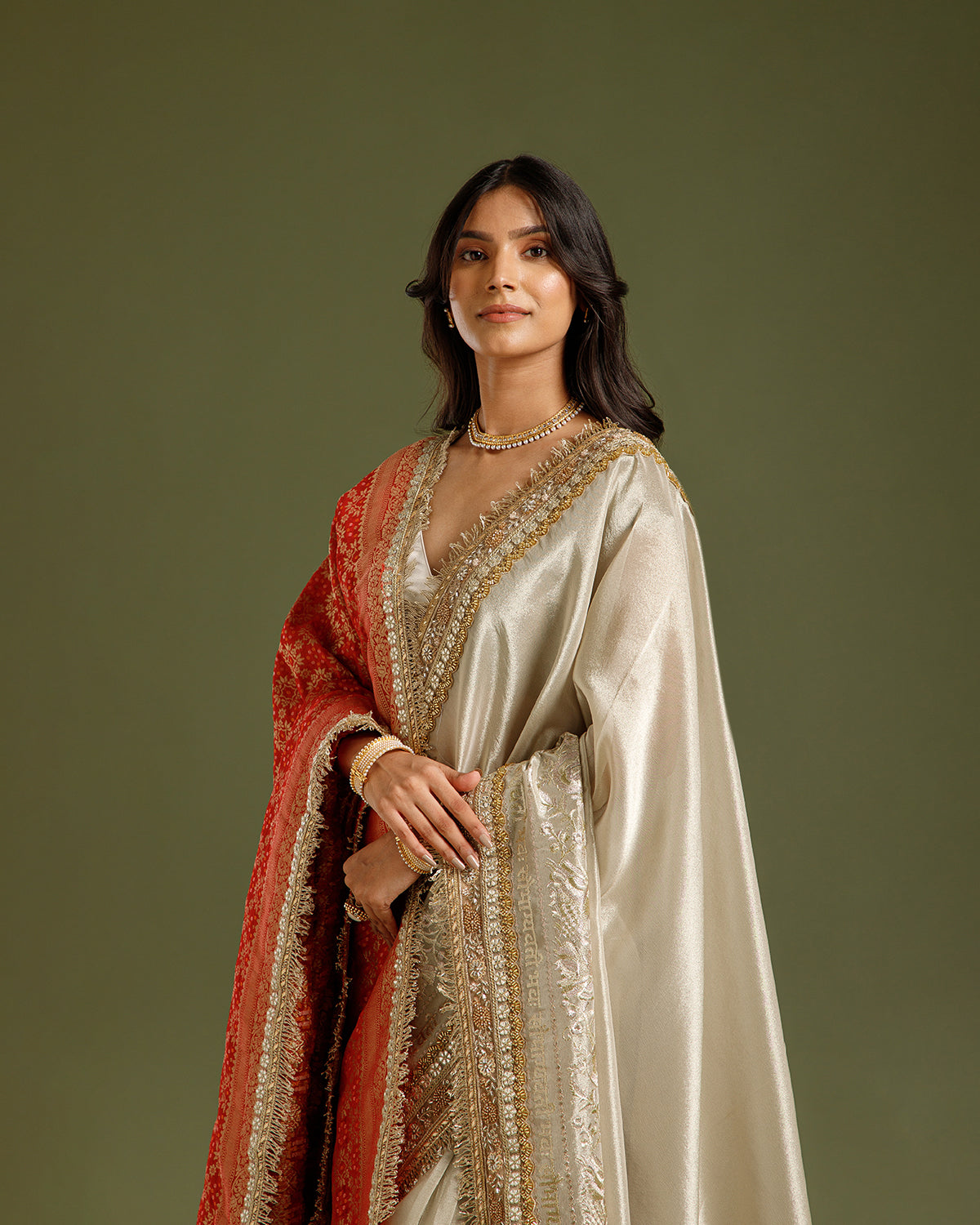 Beige Gold Tissue Organza Saree with Beads, Nulki, Gota Patti, Dori & Zari Work