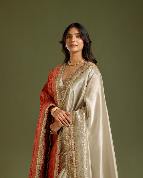 Beige Gold Tissue Organza Saree with Beads, Nulki, Gota Patti, Dori & Zari Work