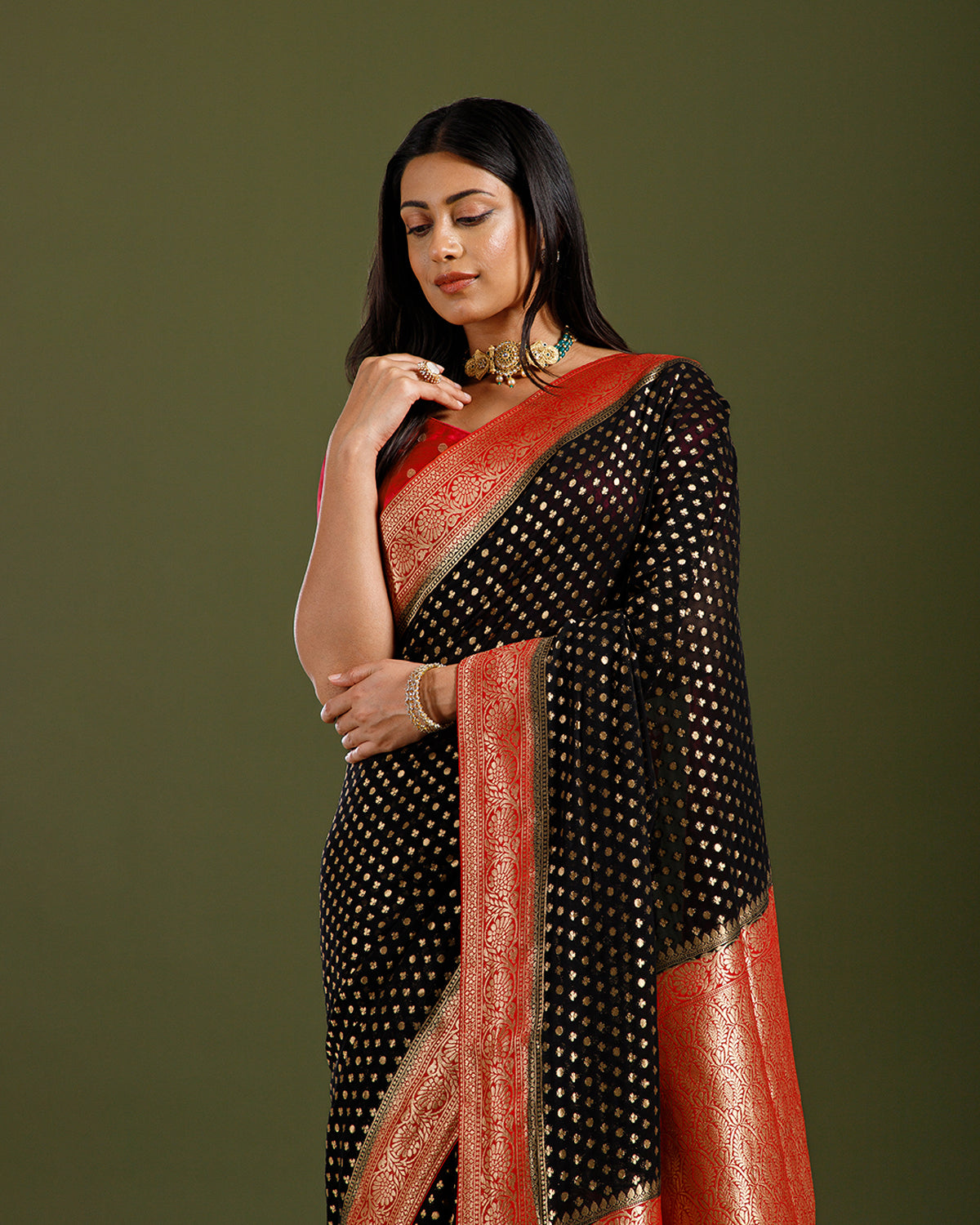Black Khaddi Georgette Saree with Elegant Resham Weave - House of Surya