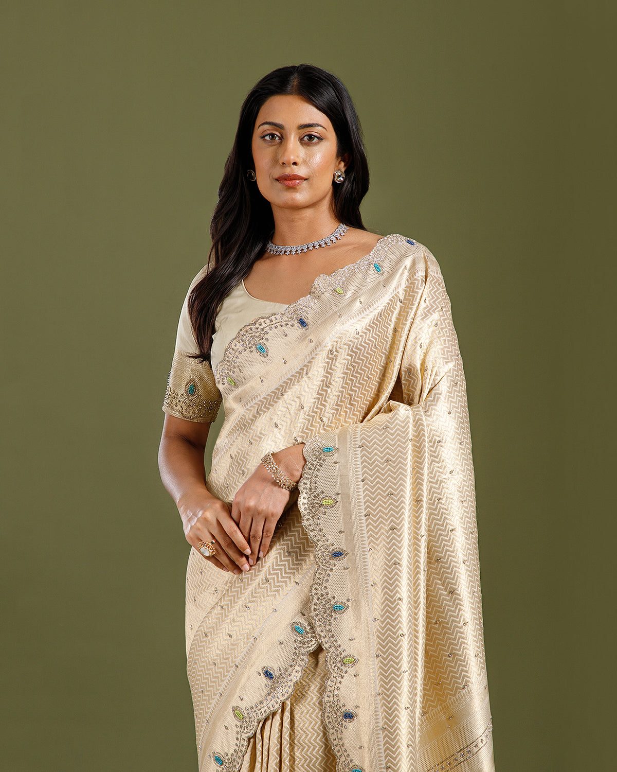 Luxury Ivory Silk Saree with Beads Work with Blouse
