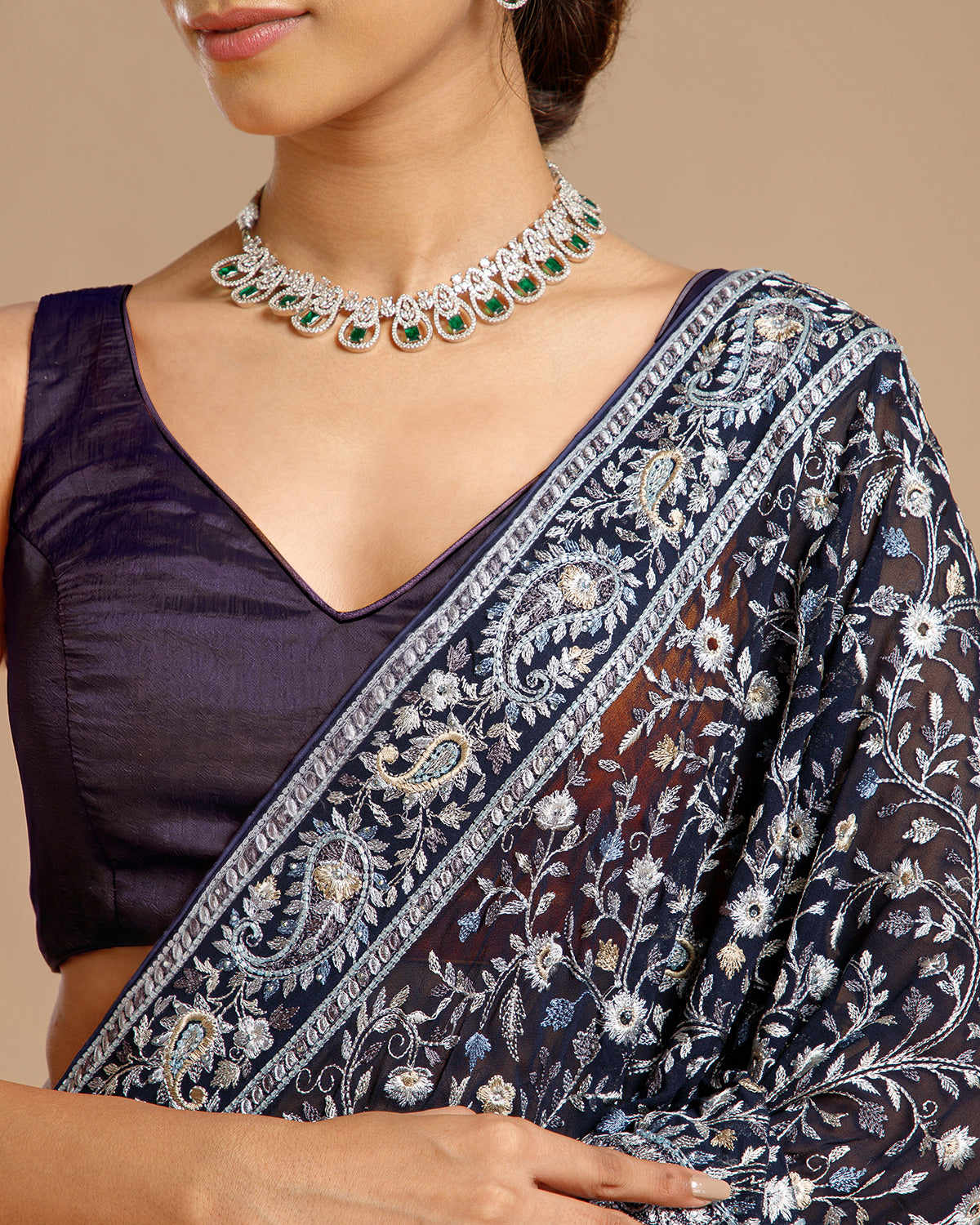 Navy Blue Georgette Saree with Resham & Nulki Work