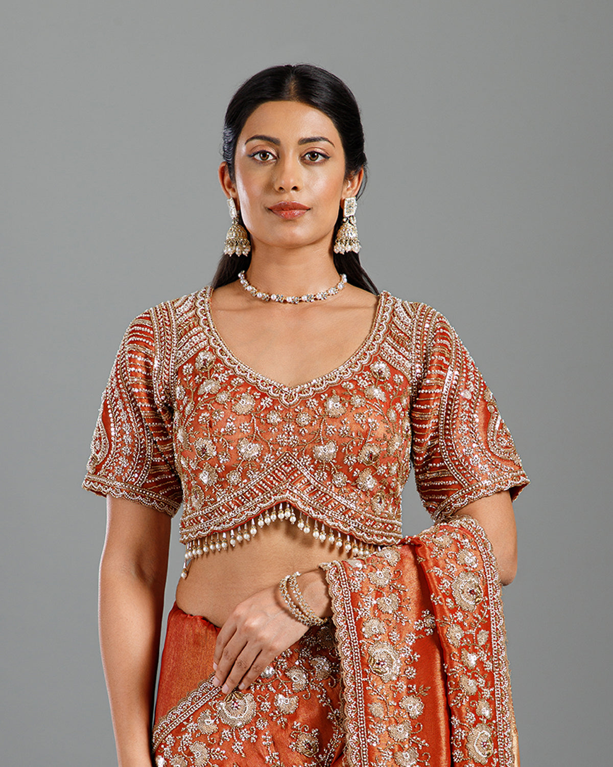Rust Tissue Saree with Self Weave, Cutdana & Beads Work - House of Surya