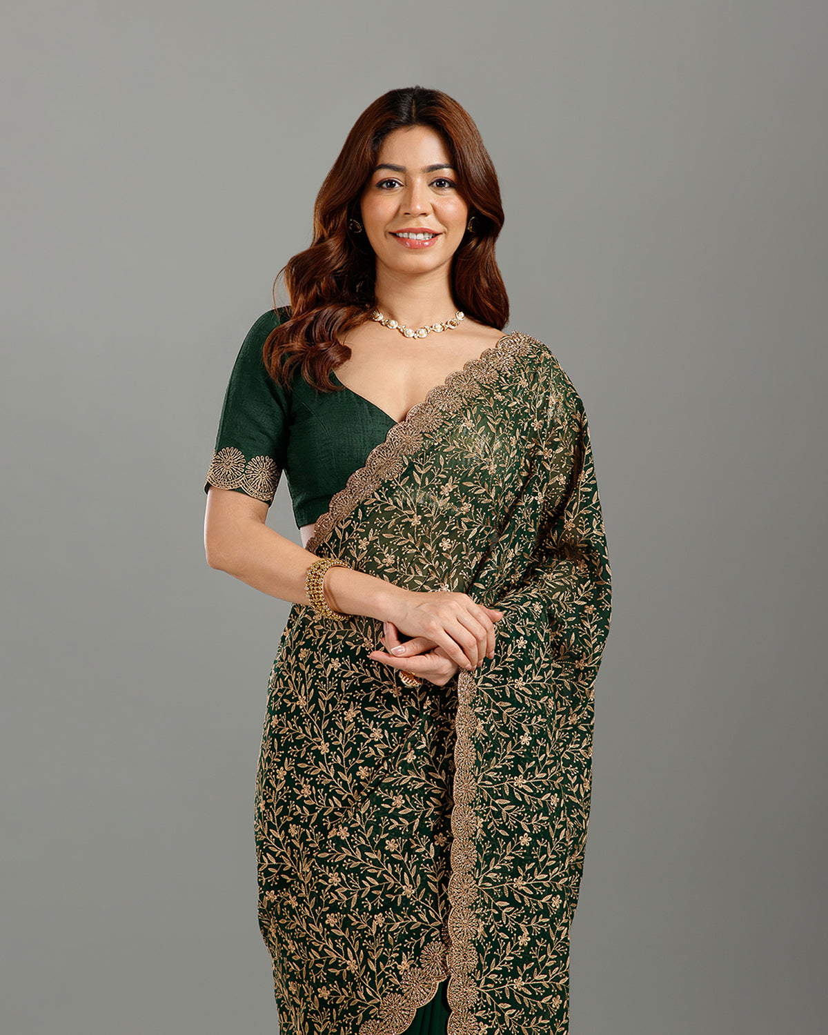 Bottle Green Georgette Saree with Resham & Sequence Work - House of Surya