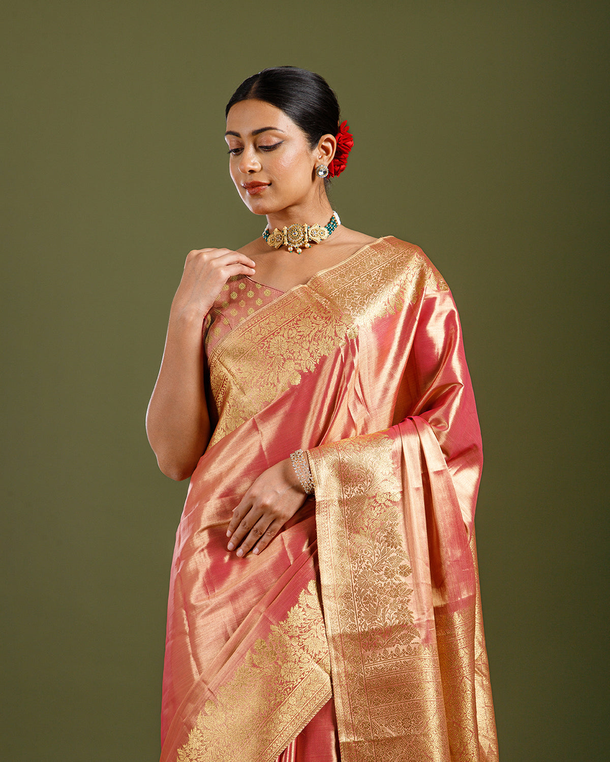 Gajari Tissue Silk Saree with Elegant Self Weaving Design - House of Surya