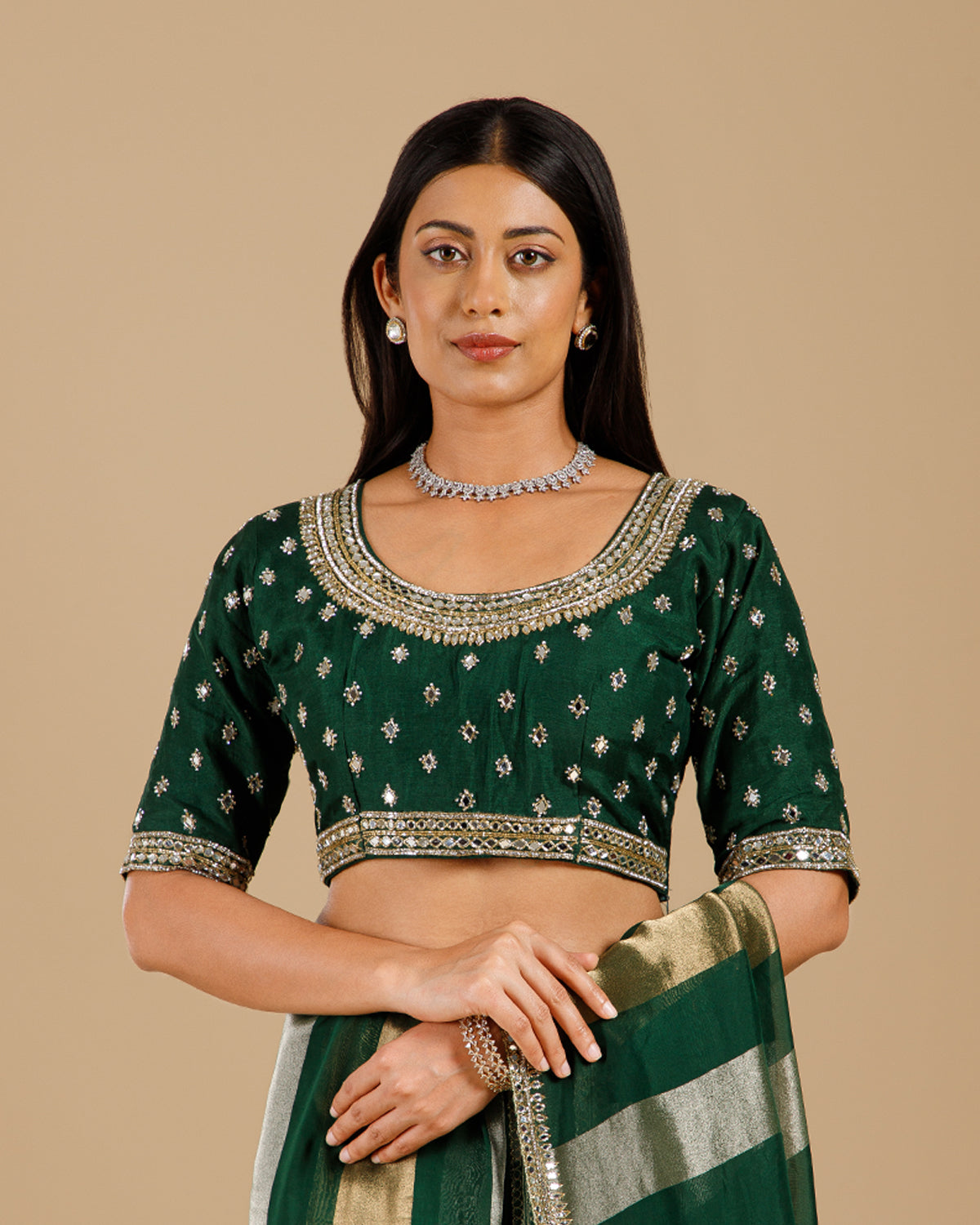 Green Tissue Organza Saree with Kundan & Sequence Work - House of Surya