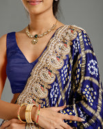 Navy Blue Satin Crepe Saree with Beads, Nulki, Zari, Moti, Kundan & Sequin Work