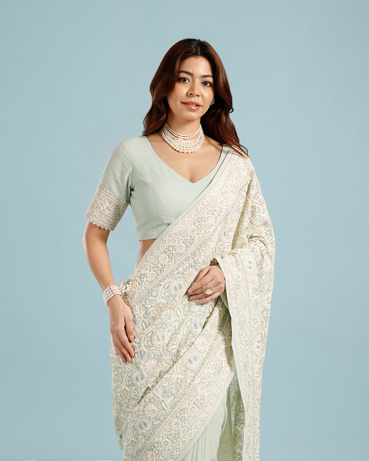 Elegant Pista Green Georgette Saree with Resham & Sequin Detailing - House of Surya