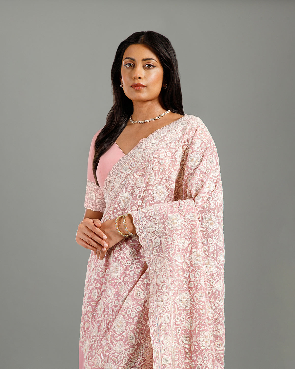 Pink Georgette Lucknowi Saree with Resham & Sequence Work
