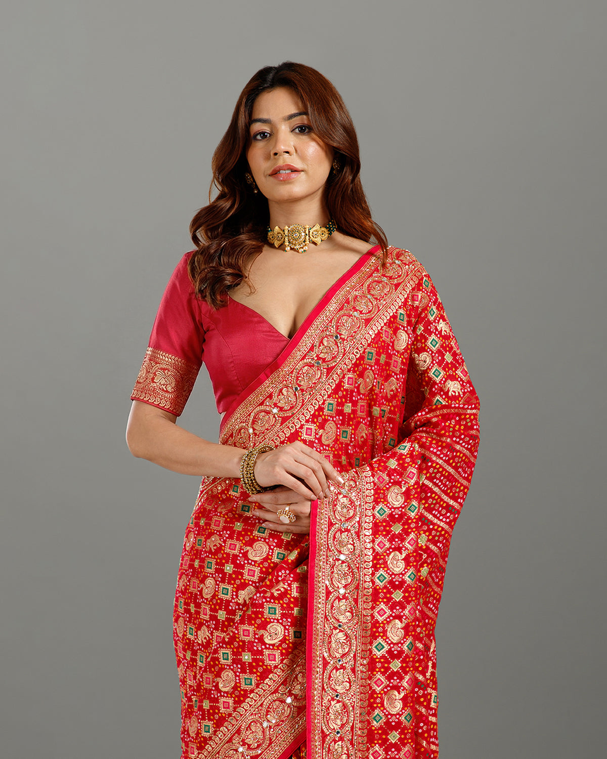 Luxury Rani Bandhej Saree with Sequence & Cutdana Work for Women - House of Surya