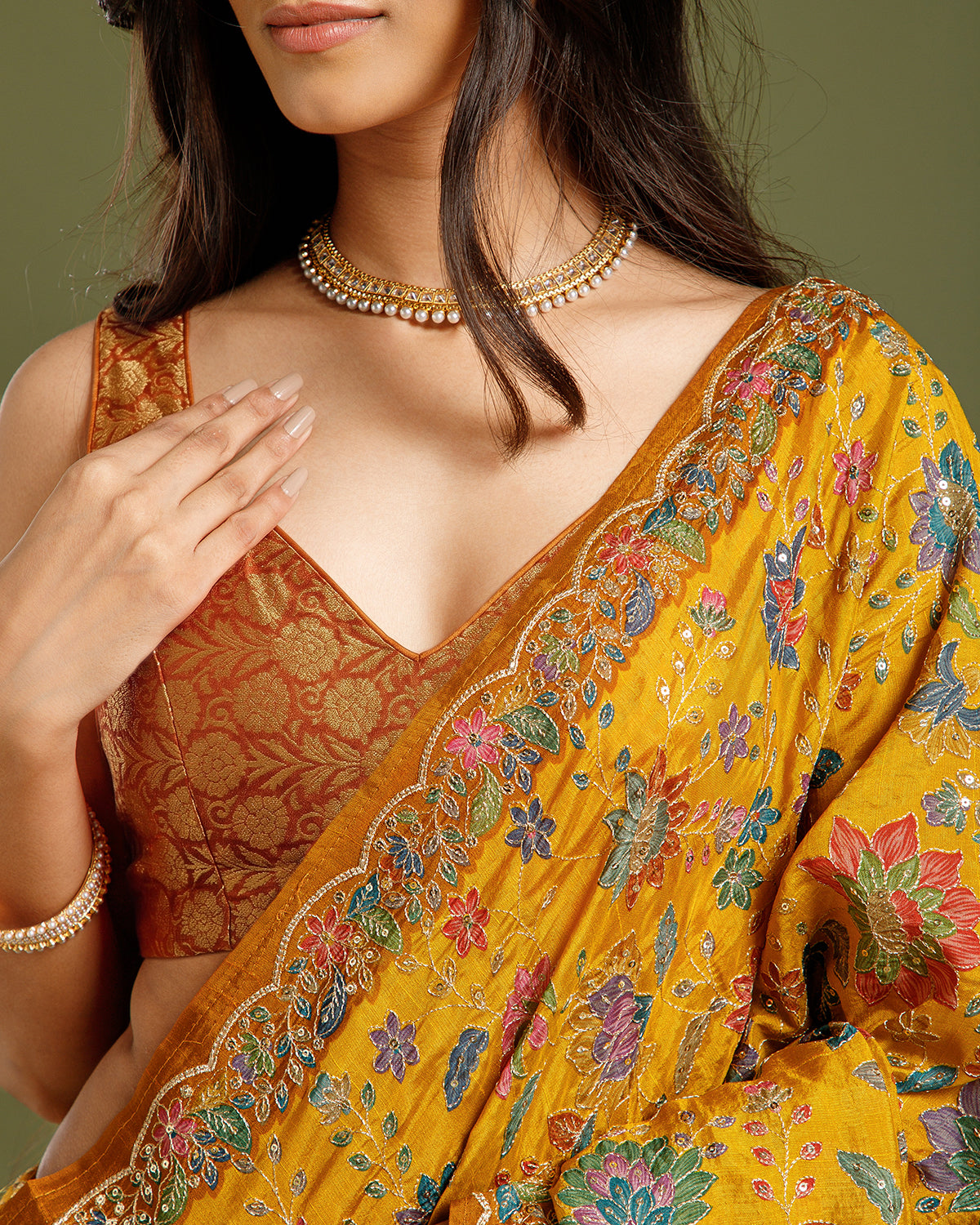 Mustard Maheshwari Silk Saree with Zari & Sequin Work
