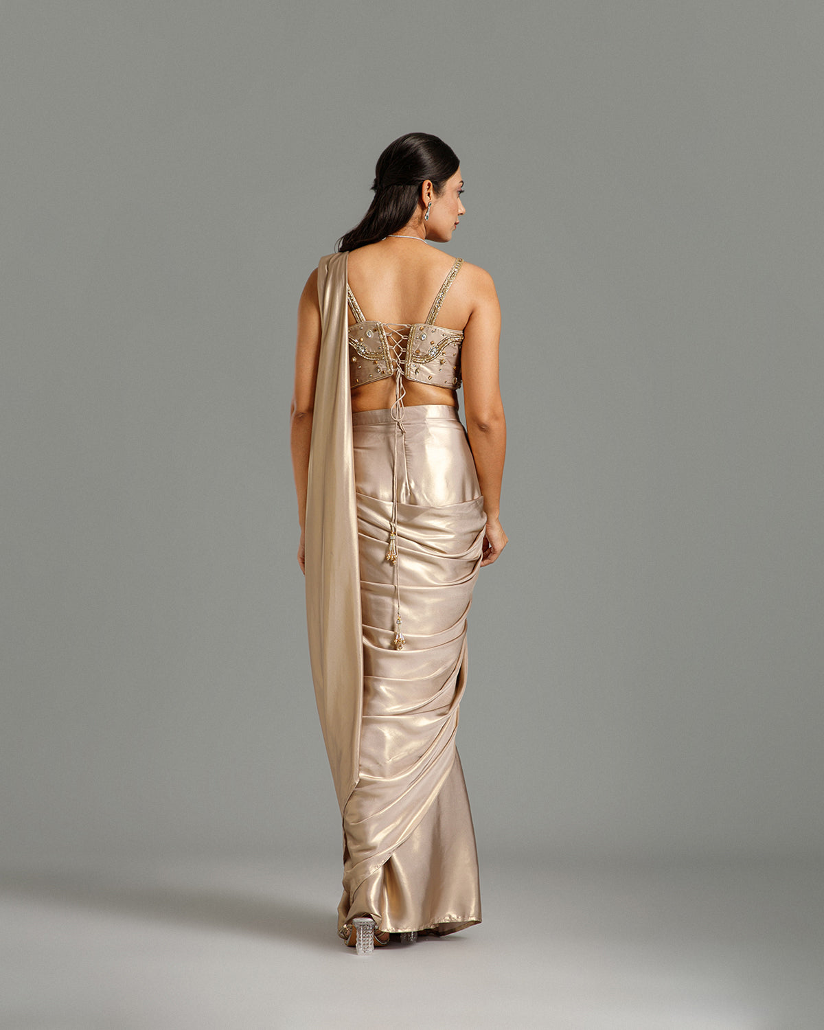 Golden Lycra Saree with Cutdana Work