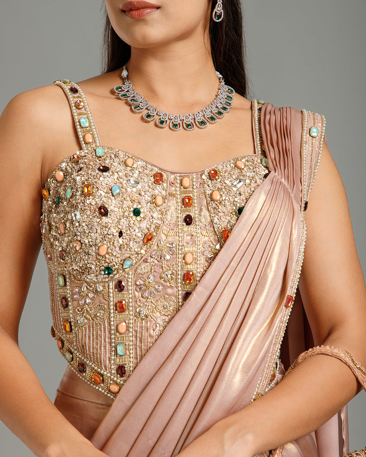 Peach Lycra Saree with Stone Work