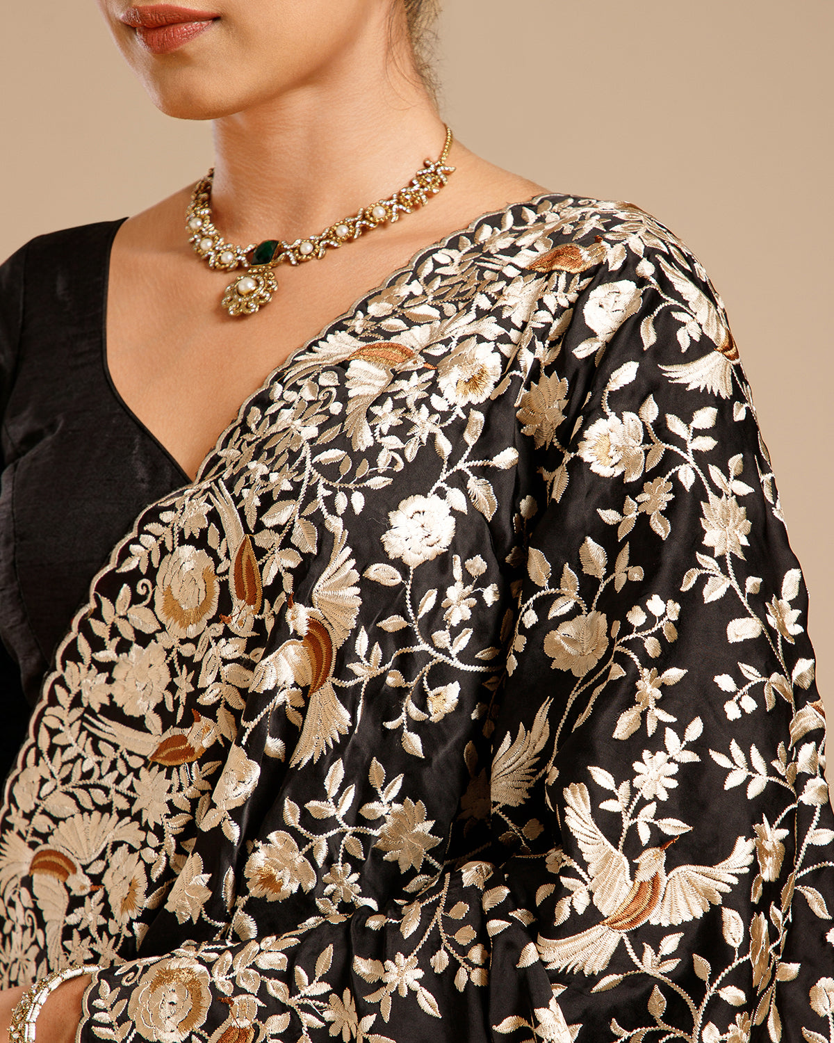 Black Organza Silk Saree with Parsi Resham Work