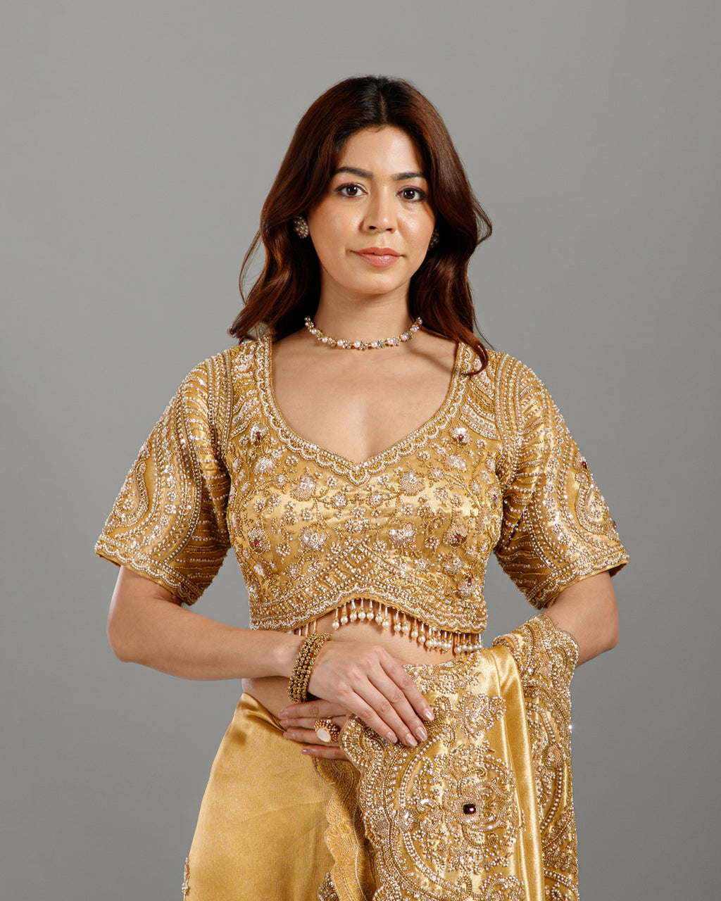 Golden Tissue Georgette Saree with Cutdana & Sequence Work - House of Surya