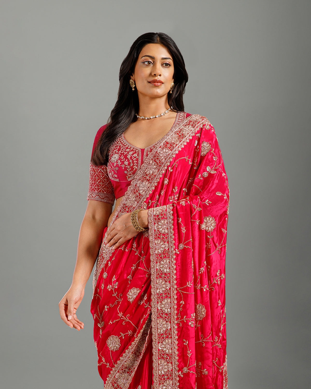 Rani Satin Crepe Saree with Beads, Sequence & Cutdana Work - House of Surya