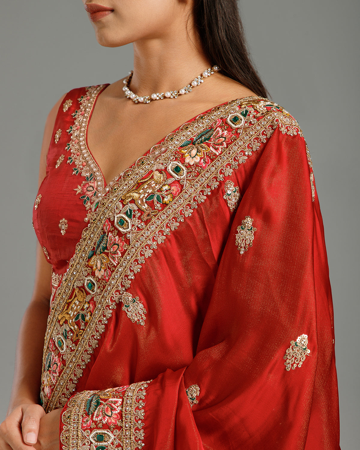 Maroon Satin Organza Saree with Resham, Beads, Sequin & Pearl Work