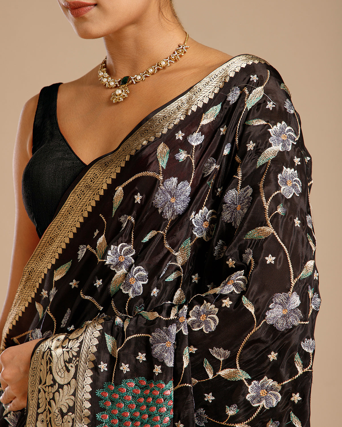 Black Chinon Crepe Saree with Resham Work