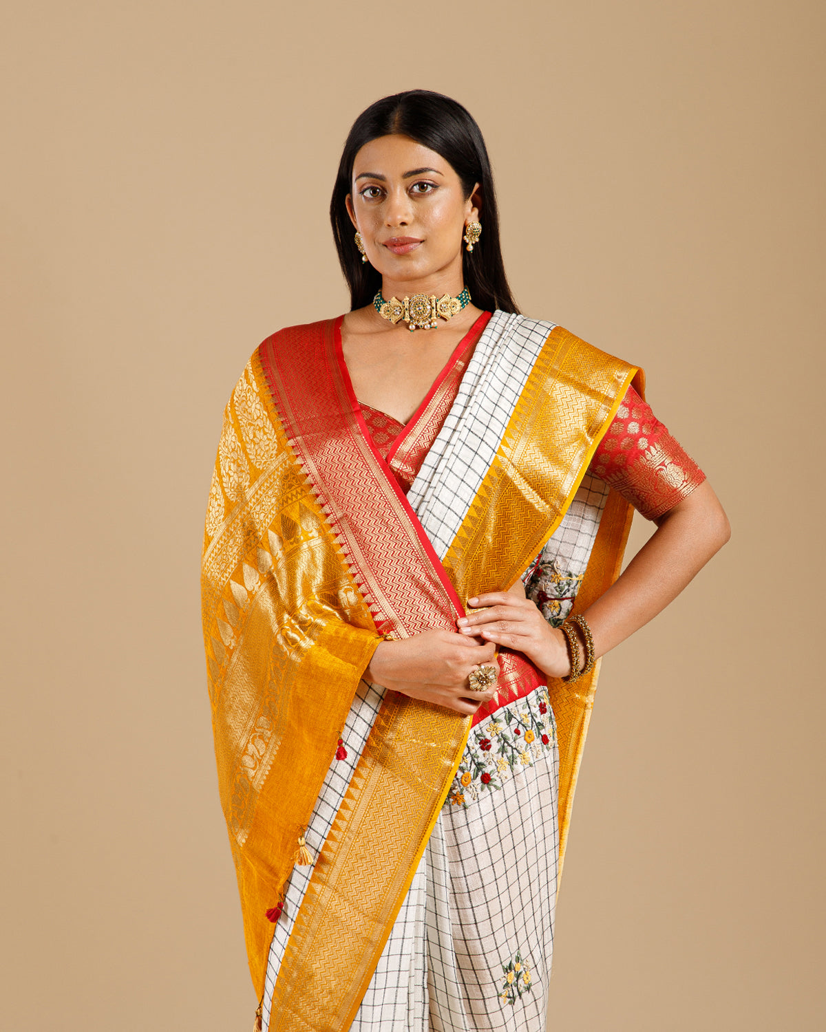 Designer Summer Wear White Linen Saree with Resham Work - House of Surya