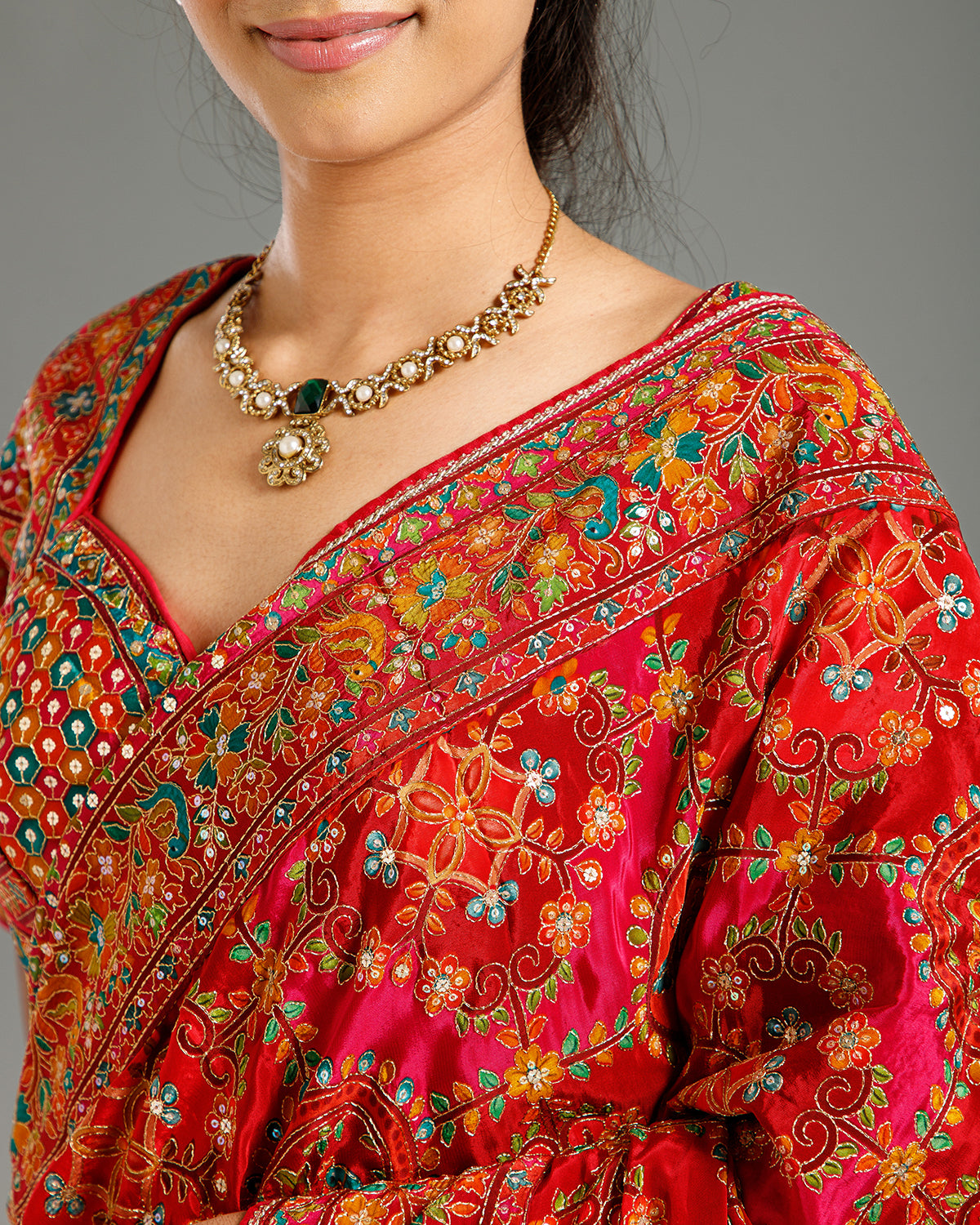 Multi Red Chinon Saree with Resham & Foil Work