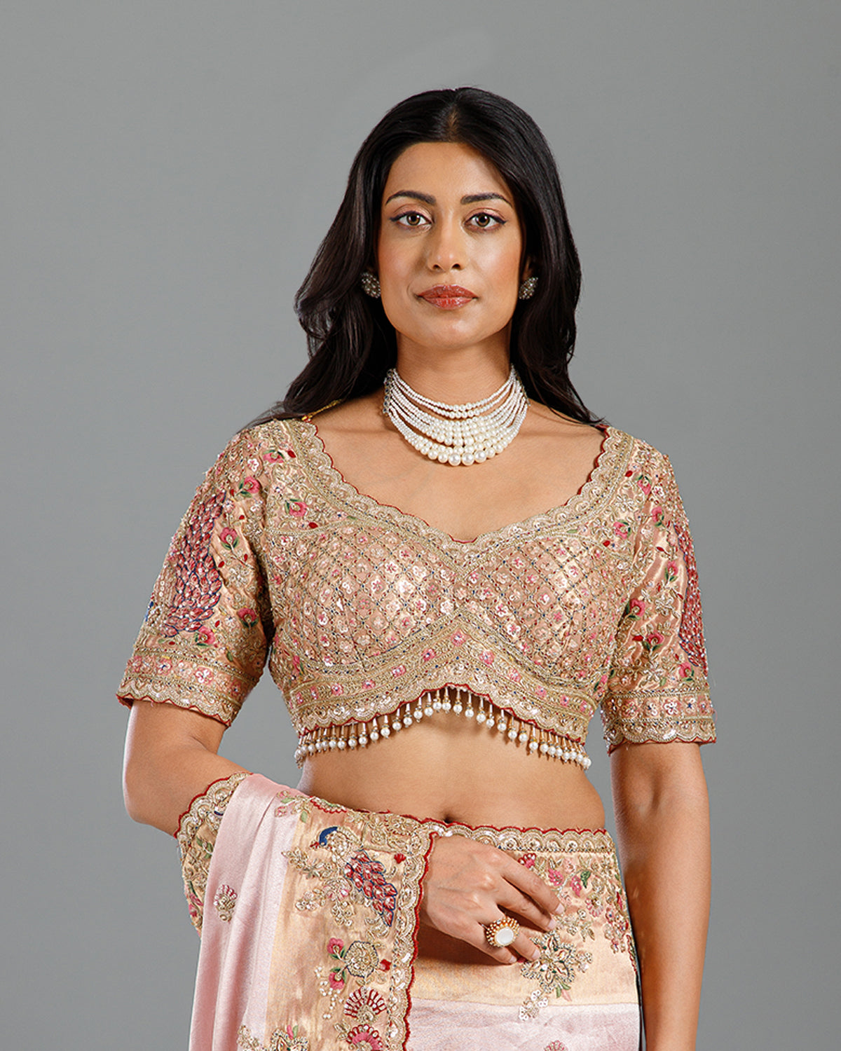 Pink Crepe Tissue Saree with Sequence, Resham, Zardozi & Cutdana Work - House of Surya