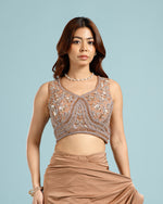 Chikoo Lycra Drape Saree with Hand Work - House of Surya
