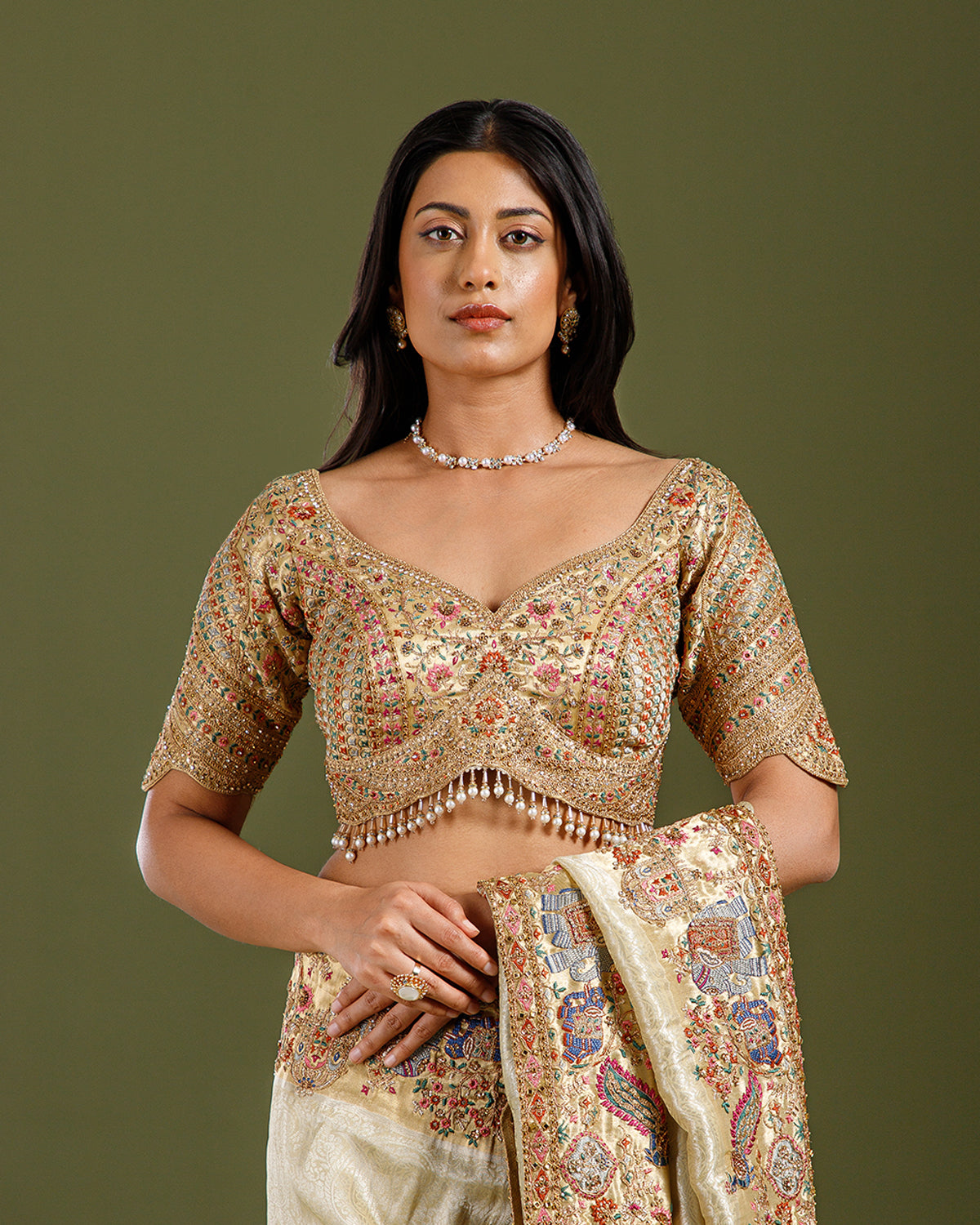 Golden Tissue Weave Saree with Resham, Zardozi, Cutdana & Embroidery Work - House of Surya