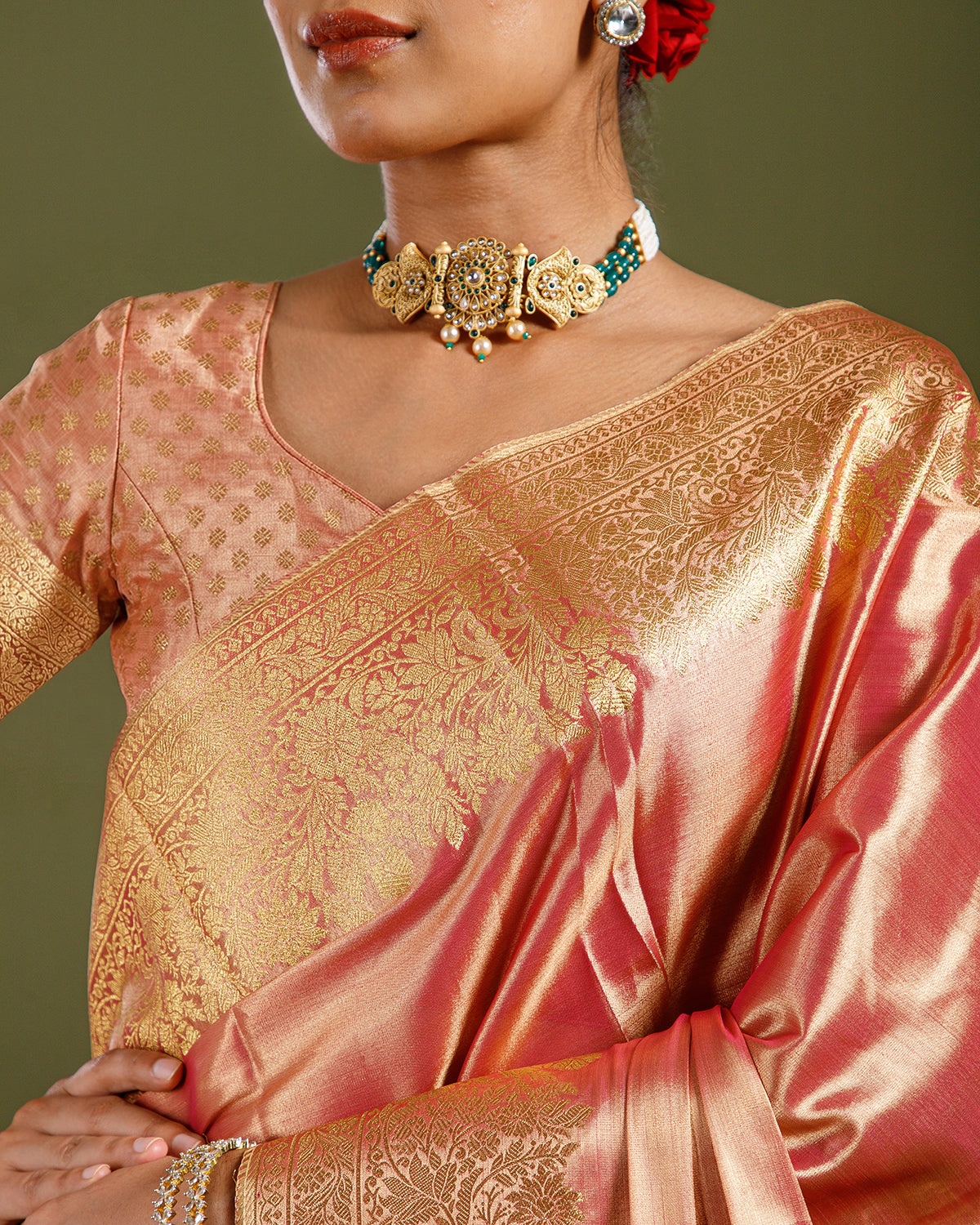 Gajari Tissue Silk Saree with Elegant Self Weaving Design - House of Surya
