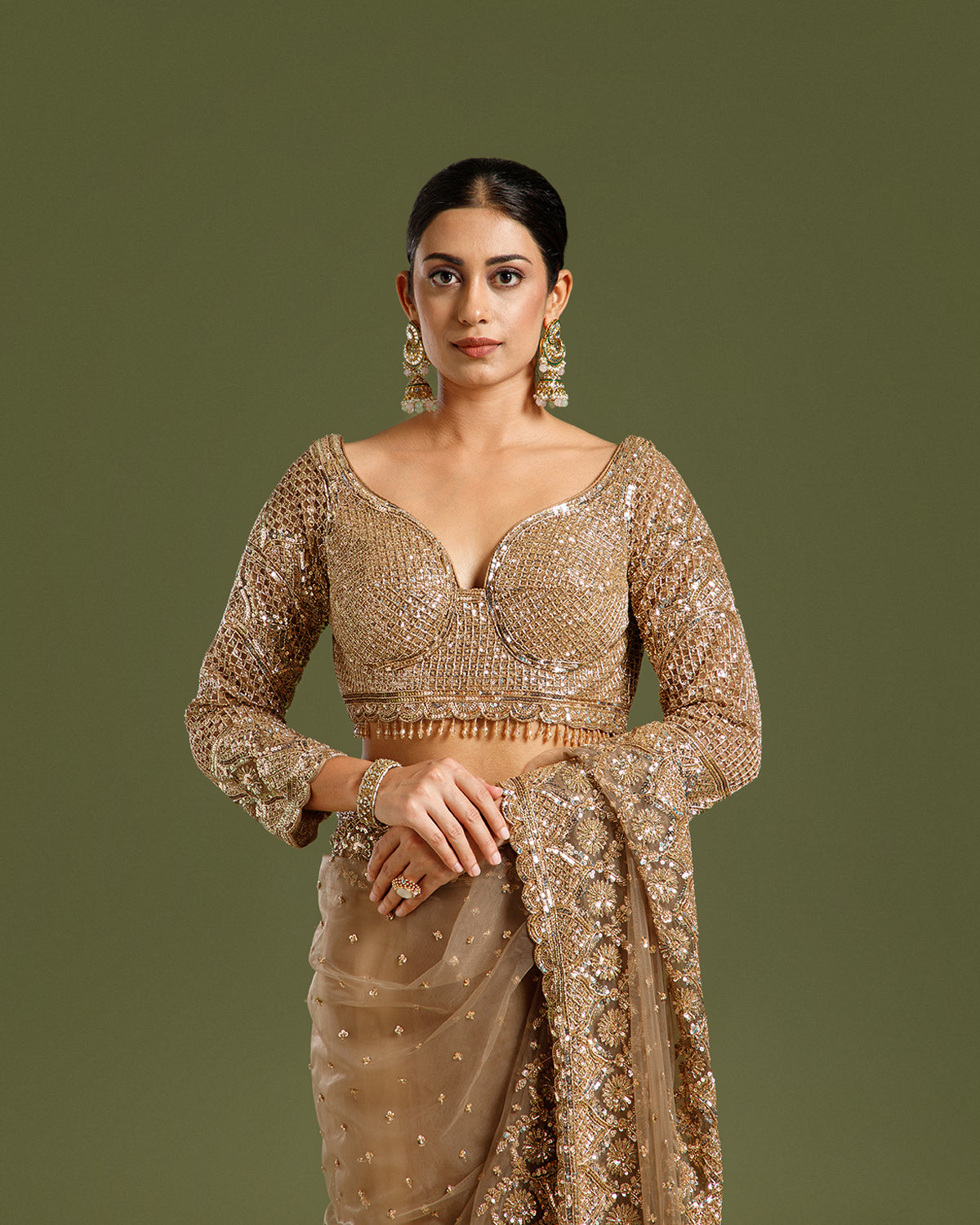 Dusty Brown Net Saree with Beads, Nulki & Sequin Work