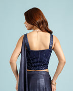 Navy Blue Crepe Drape Saree with Hand Work - House of Surya