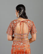 Rust Tissue Saree with Self Weave, Cutdana & Beads Work - House of Surya