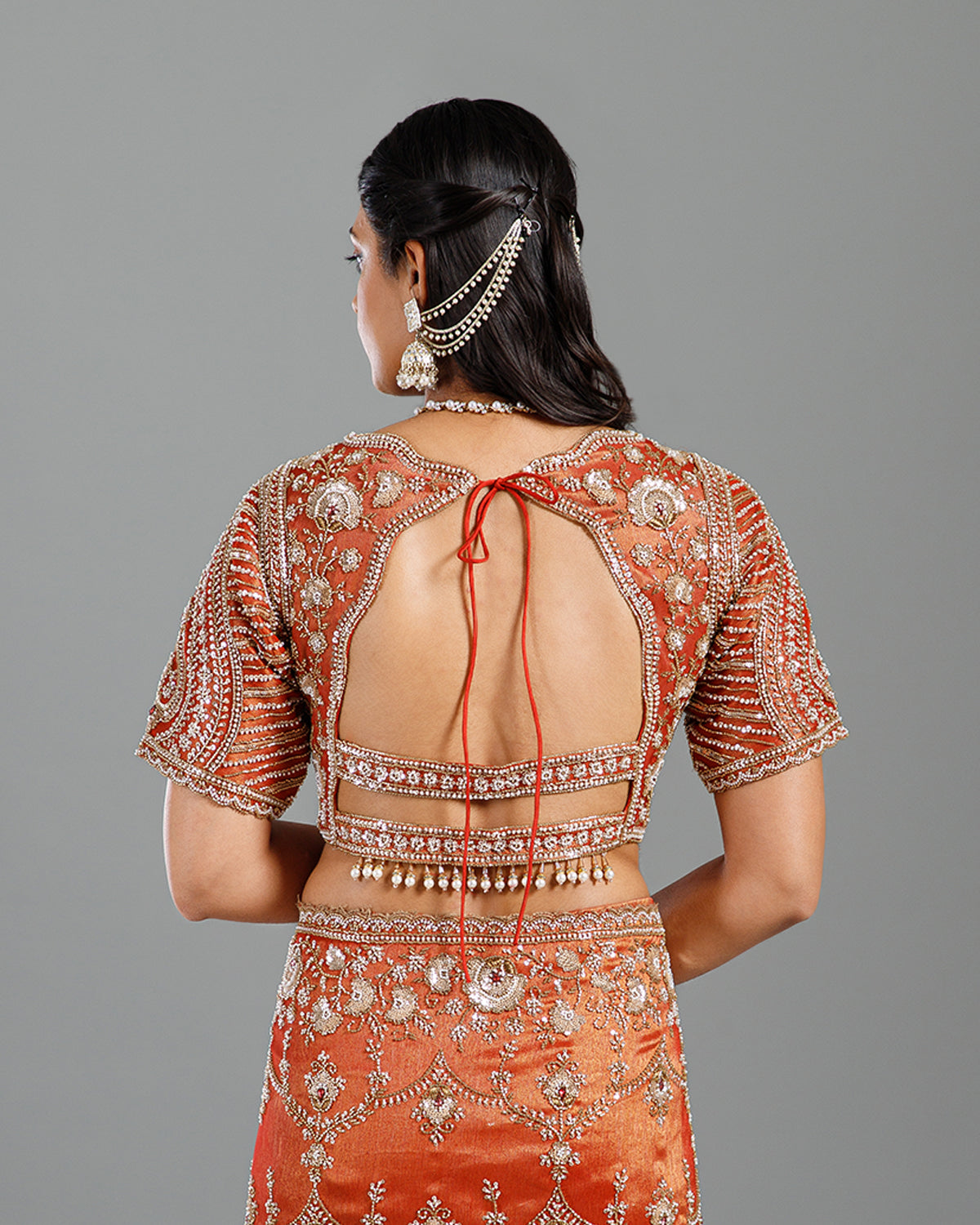 Rust Tissue Saree with Self Weave, Cutdana & Beads Work - House of Surya
