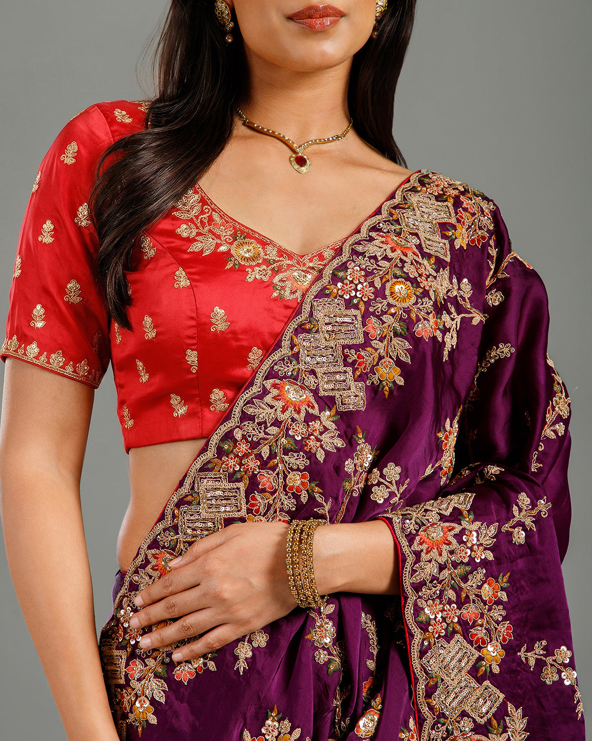 Golden Georgette Saree with Resham, Sequence & Cutdana Work - House of Surya