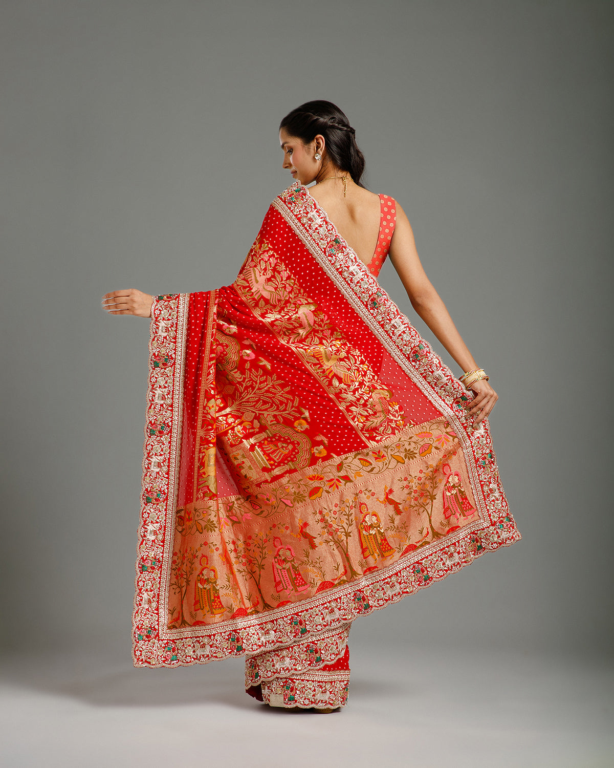 Red Georgette Saree with Dori, Nulki, Resham, Moti & Meenakari Work
