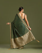 Bottle Green Georgette Saree with Dabka, Nulki, Mirror & Kundan Work