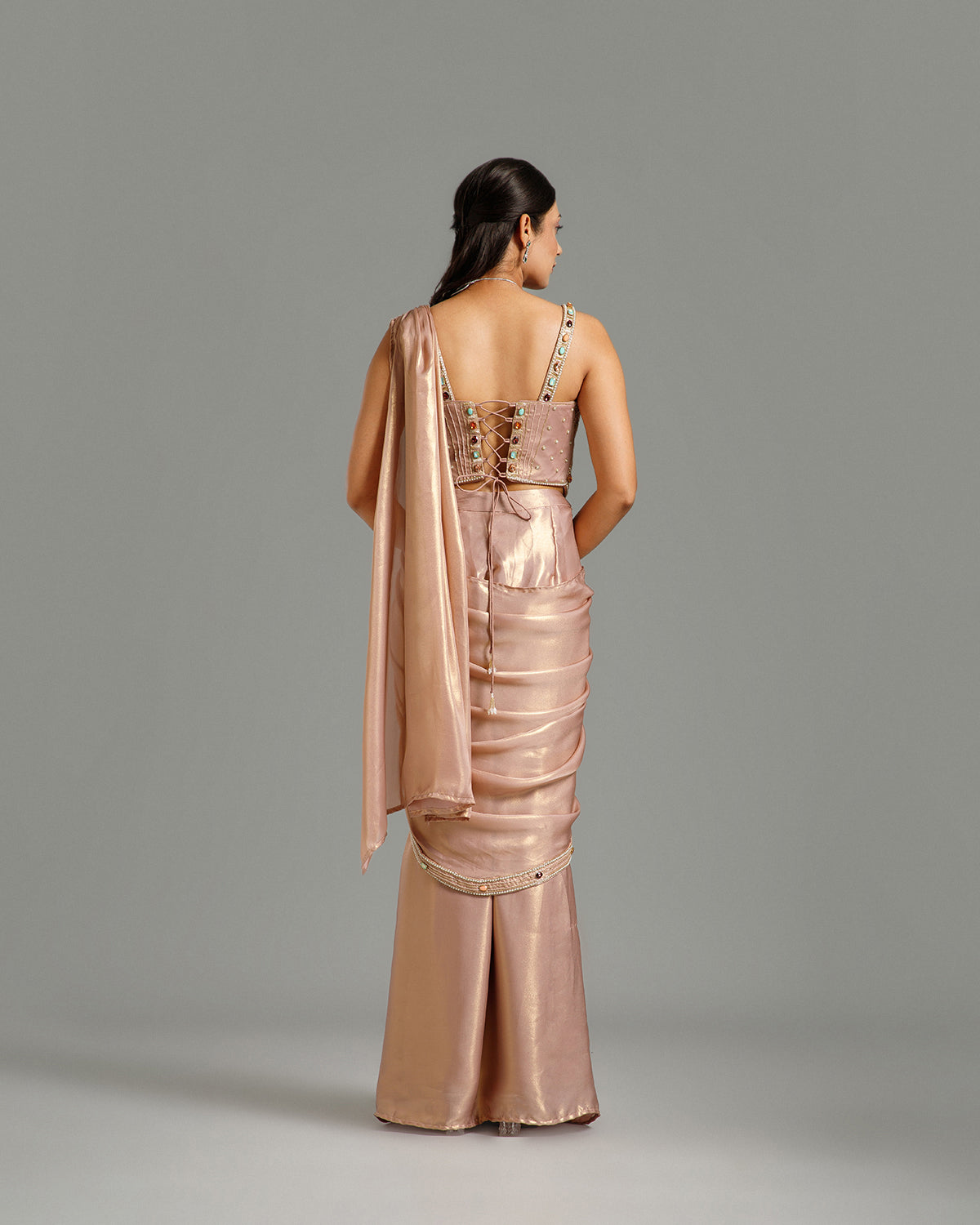 Peach Lycra Saree with Stone Work