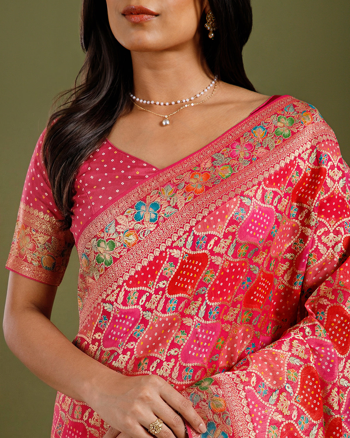 Rani Bandhej Khaddi Georgette Saree with Meenakari Weaving - House of Surya