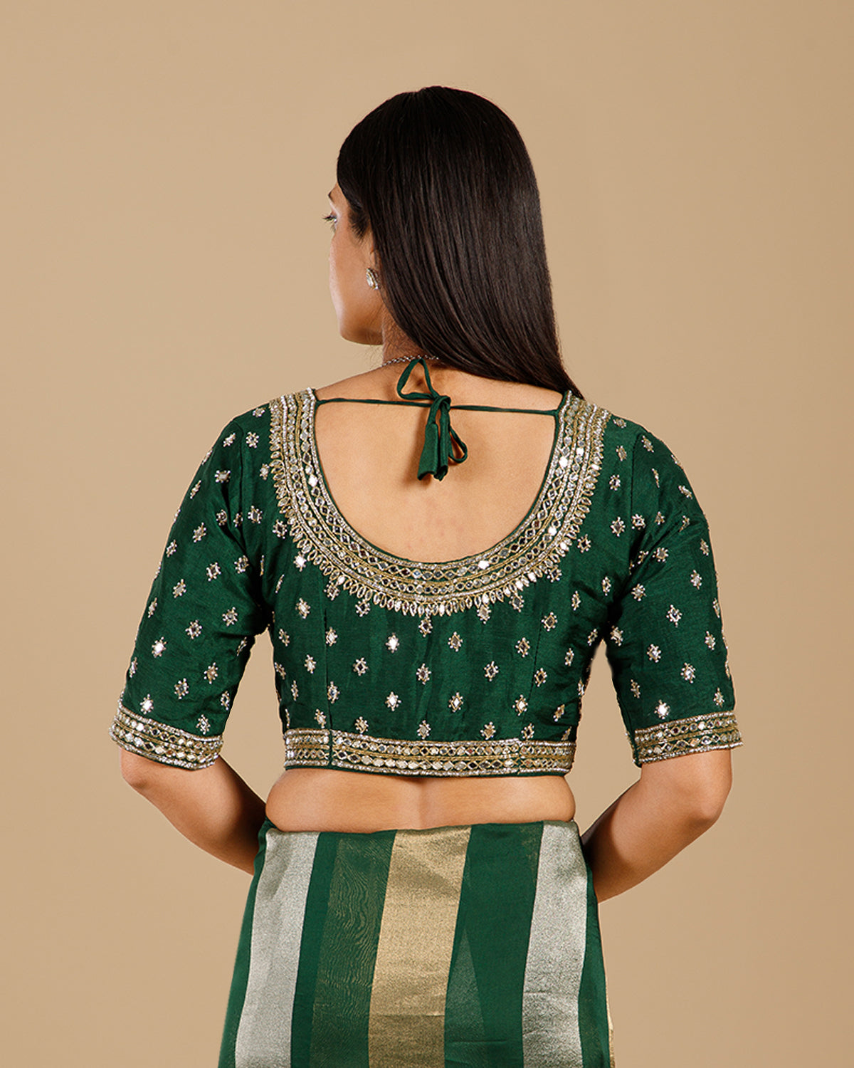 Green Tissue Organza Saree with Kundan & Sequence Work - House of Surya