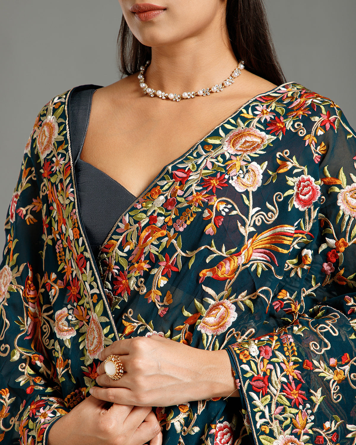 Peacock Georgette Saree with Parsi Resham Work