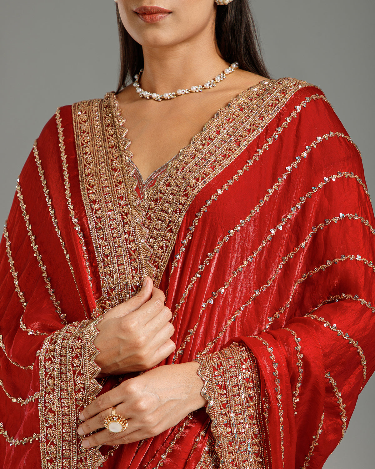 Red Fendi Organza Saree with Beads, Nulki & Sequin Work
