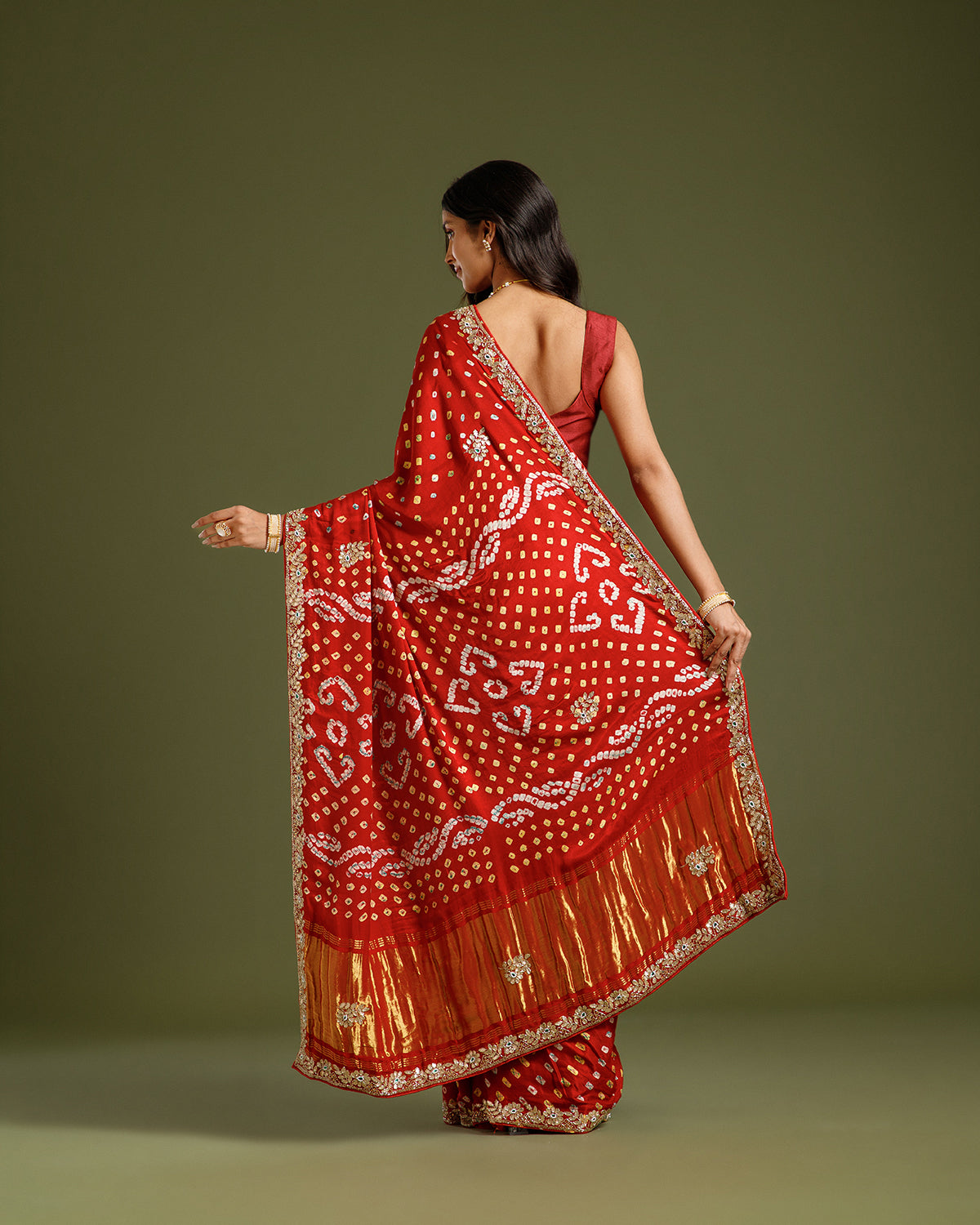Maroon Satin Crepe Saree with Nulki, Gota Patti, Kundan & Moti Work