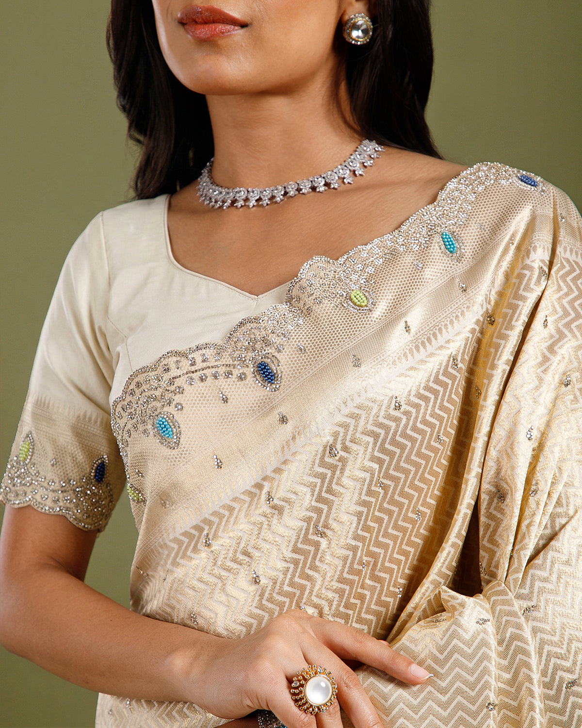 Luxury Ivory Silk Saree with Beads Work with Blouse