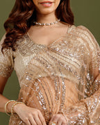 Golden Net Saree with Sequin & Bead Work - House of Surya