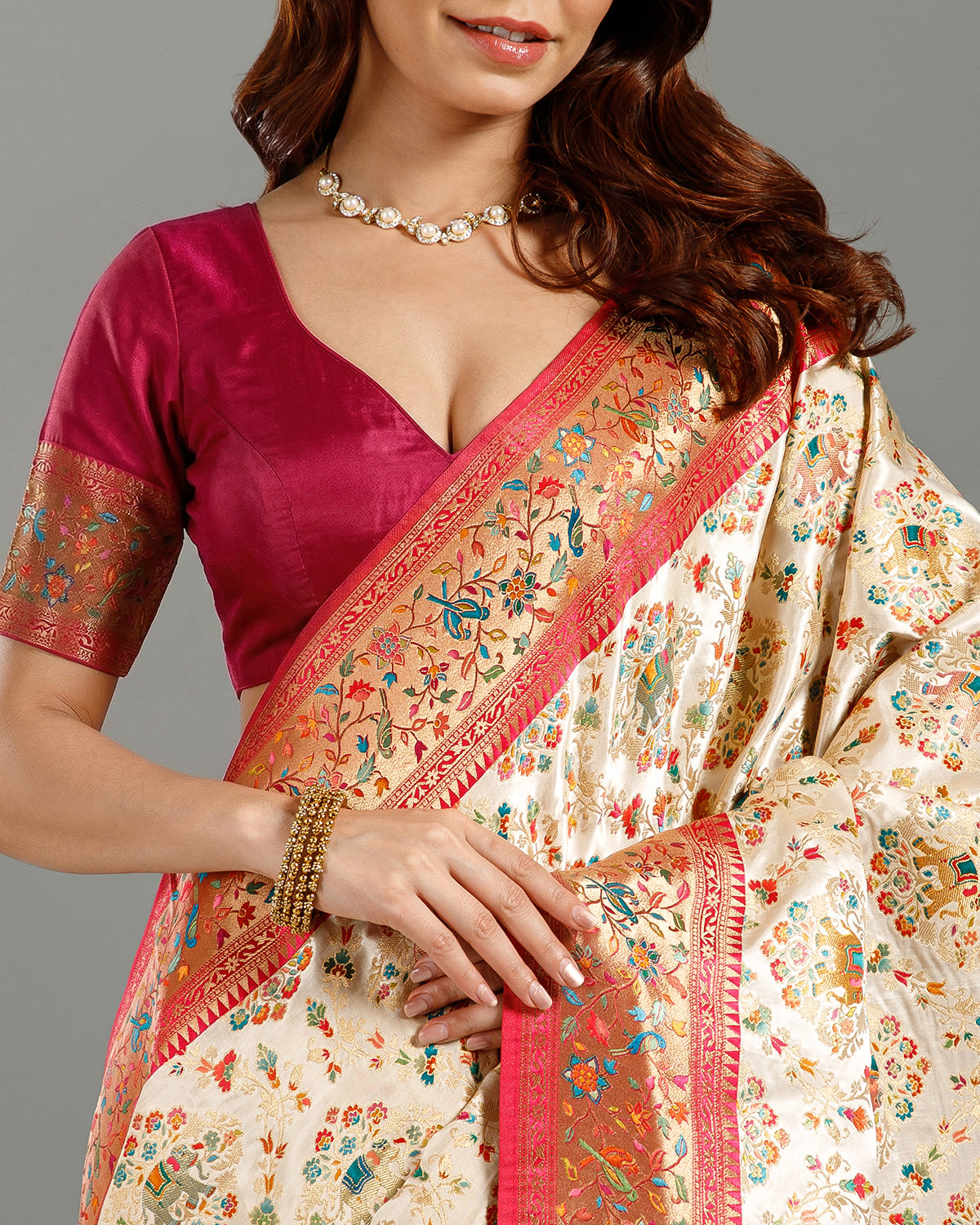 White Satin Silk Saree with Resham Meenakari Work - House of Surya